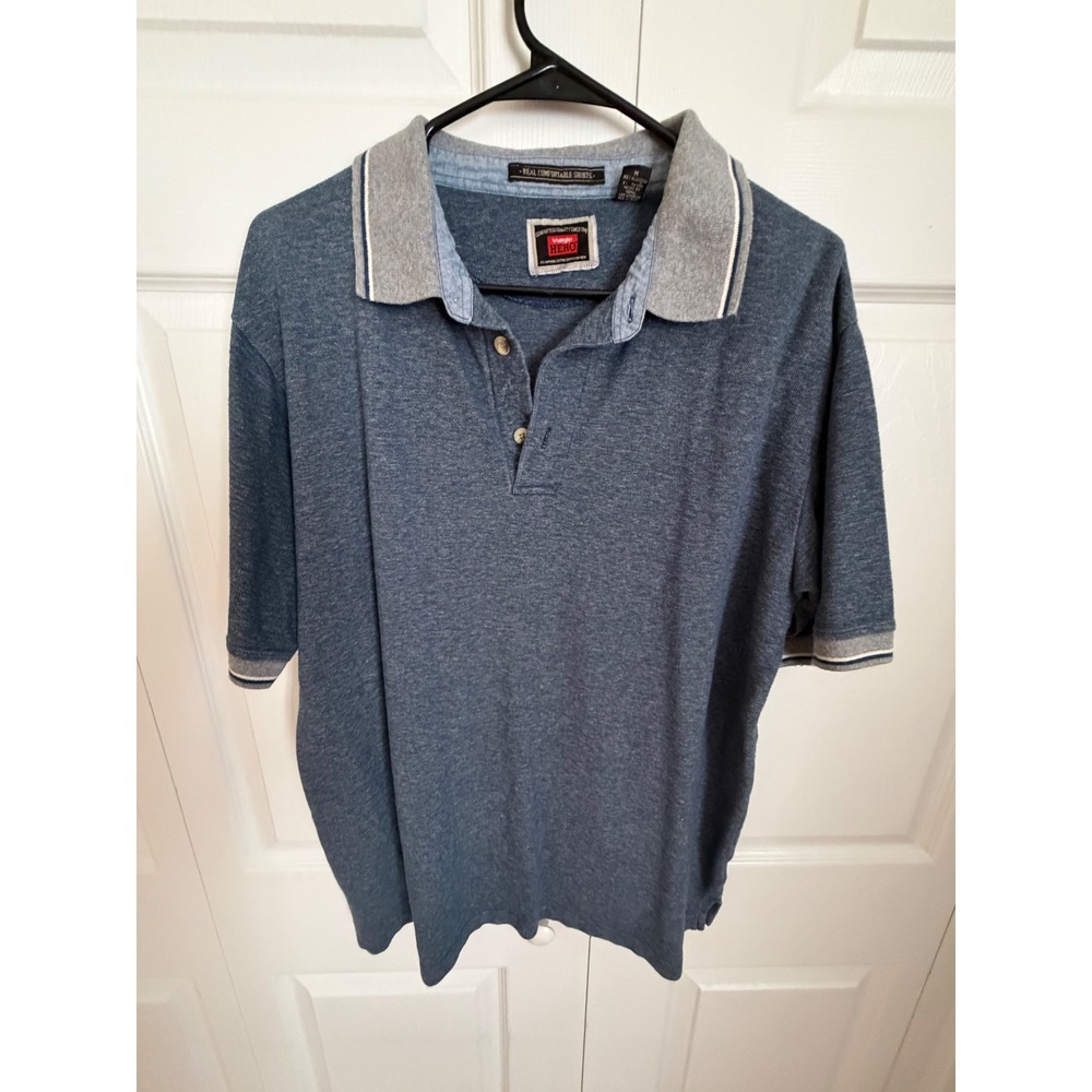 Wrangler Hero Mens Blue Marl Short Sleeve Polo Shirt Size M Cotton Blend Ribbed